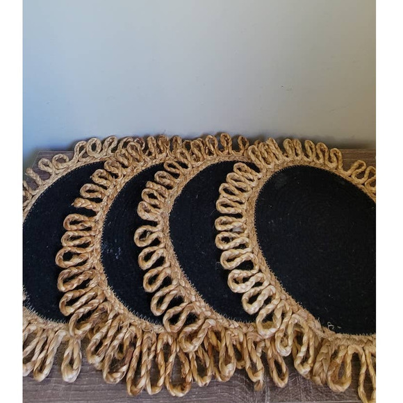 Set of 4 Boho Placemats Sunburst, Black and Jute Retro - Picture 1 of 2